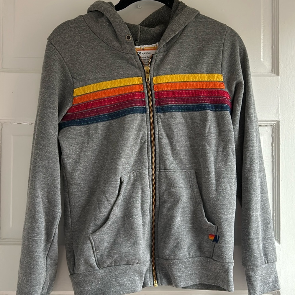 Aviator nation, rainbow striped, zip up gray hoodie